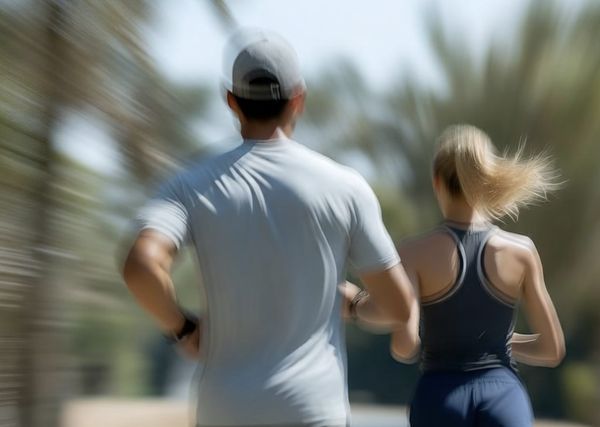 Two runners jogging side by side on a sunny palm-lined road, at an easy conversational pace